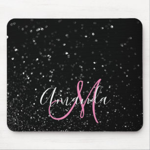 Bokeh Schwarzer Glitzer Rosa und Weiße Monogramm Mousepad