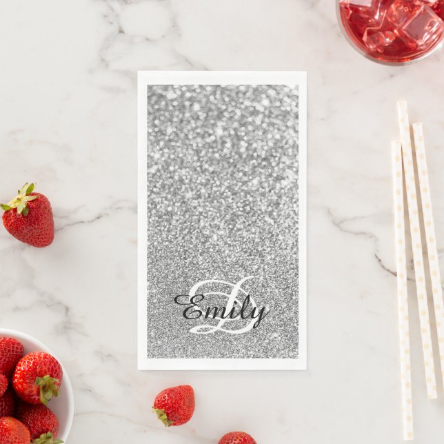 Bokeh Silver Glitzer Personalisiert Monogram Serviette (Beispiel)