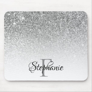 Bokeh Silver Gray Glitzer White Ombre Monogram Mousepad