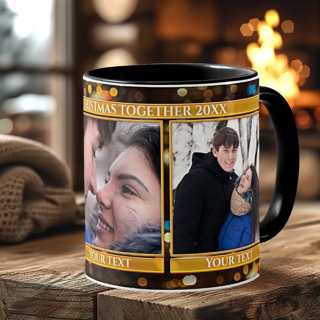 Bokeh Sparkling Lights 3 Fotos Weihnachtsfeierlich Tasse (First Christmas together photo mug featuring a gold and sparkling bokeh lights design)