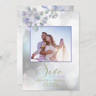 Bokeh und Lilac Mint Eukalyptus Save the Date Einladung