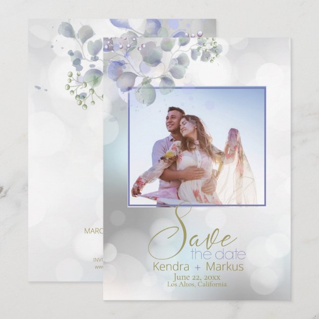 Bokeh und Lilac Mint Eukalyptus Save the Date Einladung (Vorne/Hinten)