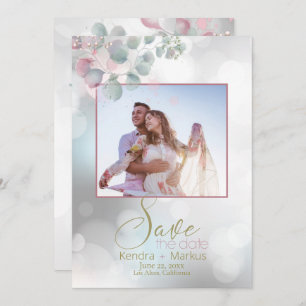 Bokeh und Rose Laurel Eukalyptus Save the Date Einladung