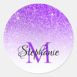 Bokeh Violet Glitzer White Ombre Monogram Runder Aufkleber