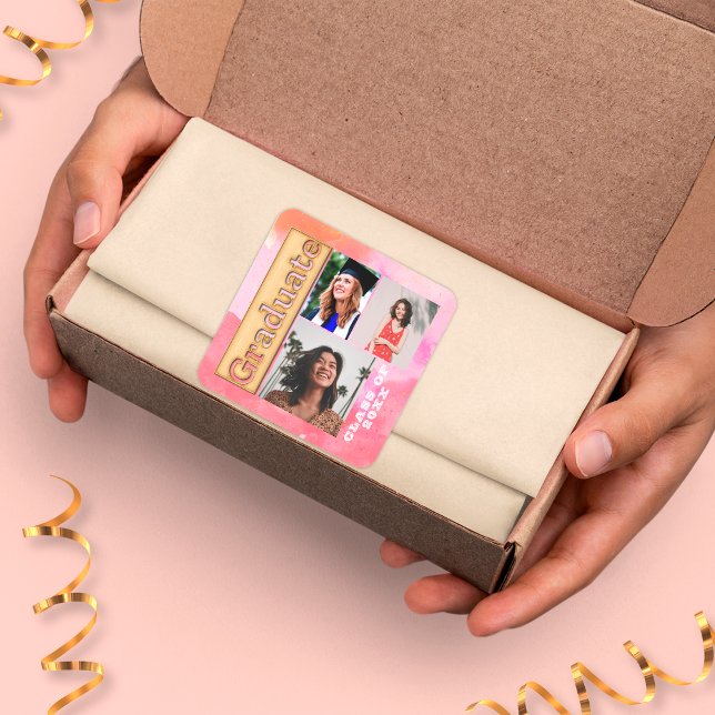 Bold 2024 Gold Pink Orange Multi Foto Graduate Quadratischer Aufkleber (Von Creator hochgeladen)