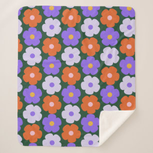 Bold 70er Retro Blume Muster Lila Grün gemütlich Sherpadecke
