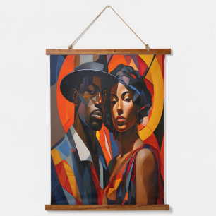 Bold Abstrakt Cubism Couple Portrait - Moderne Kun Wandteppich Mit Holzrahmen