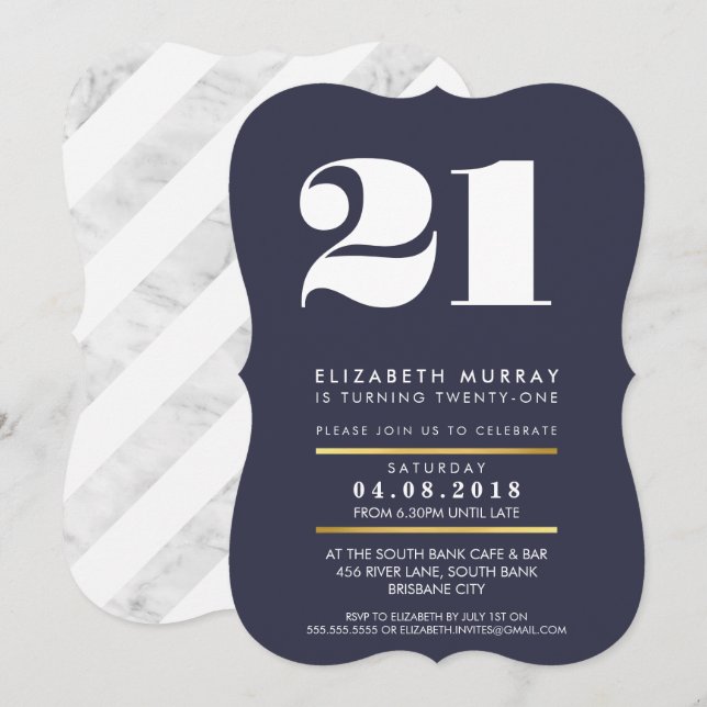 BOLD AGE NUMBER minimal marine white 21. INVITE Einladung (Vorne/Hinten)