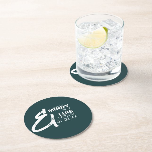 BOLD AMPERSAND Grunge Green White Wedding Runder Pappuntersetzer (Vor Ort)