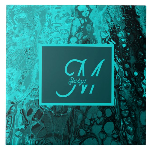 Bold Aqua Aquamarin Marble Monogram Fliese (Vorderseite)