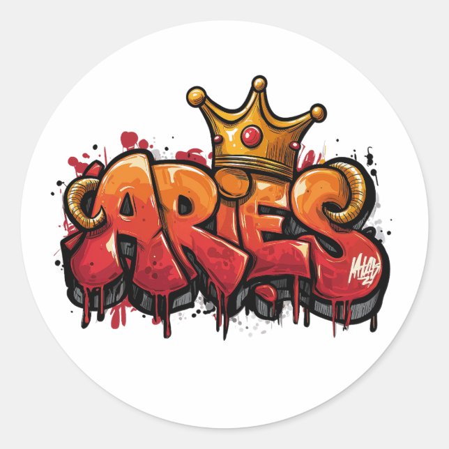 Bold Aries Zodiac Graffiti Airbrush mit Crown Runder Aufkleber (Vorderseite)