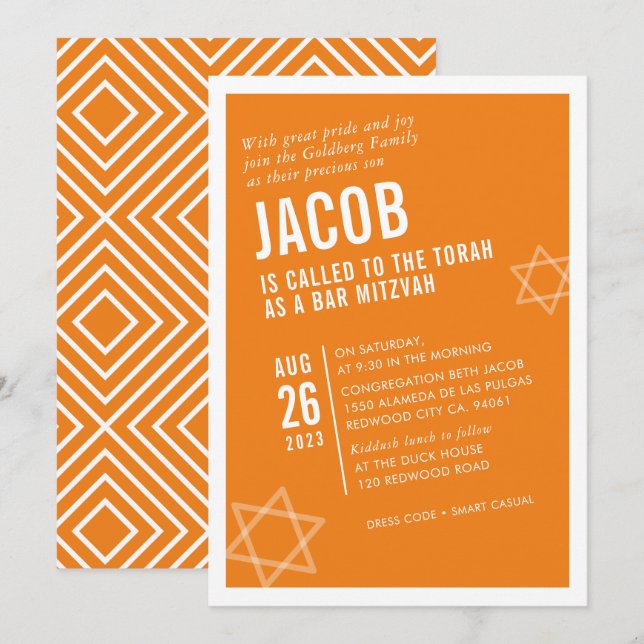 BOLD BAR MITZVAH, einfach, modern, orange Einladung (Vorne/Hinten)