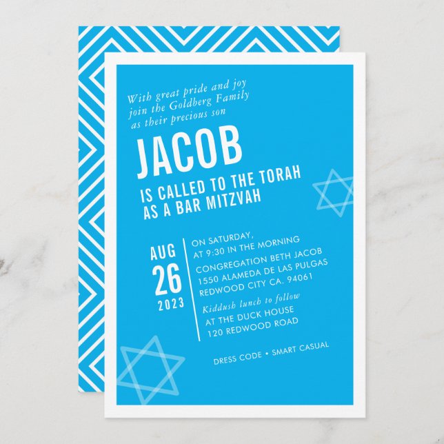 BOLD BAR MITZVAH, einfach, modern, weiß Einladung (Vorne/Hinten)