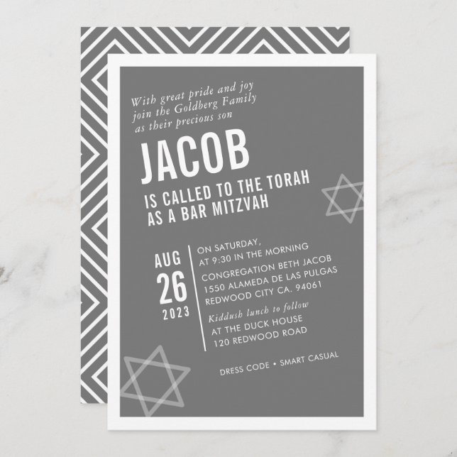 BOLD BAR MITZVAH, schlicht, modern schräg grau Einladung (Vorne/Hinten)