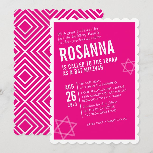 BOLD BAT MITZVAH Moderner Winkel niedliches, heißr Einladung (Vorne/Hinten)