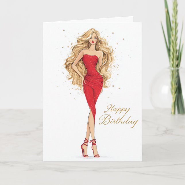 Bold & Beautiful Red Dress Birthday Card Karte (Vorderseite)