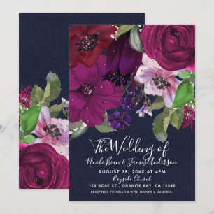 Bold Berry Fuchsia Floral Bouquet Chic Wedding Einladung
