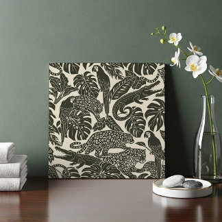 Bold Black and Cream Tropical Jungle Animals  Fliese