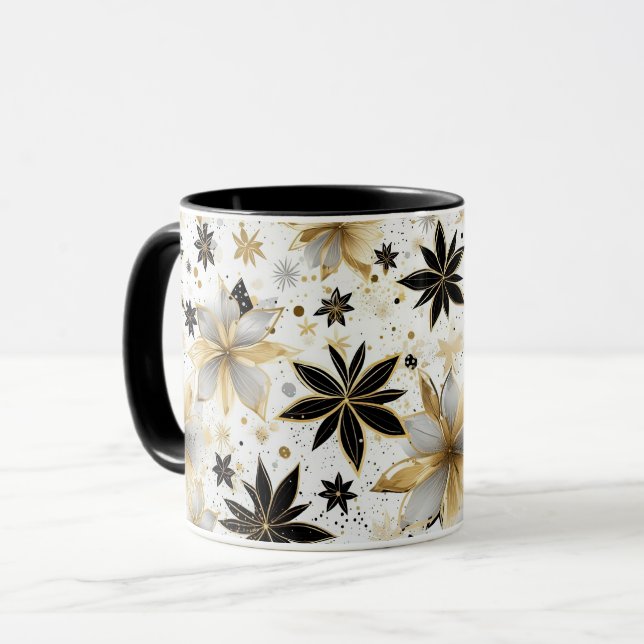 Bold Black and Gold Abstract Floral Tasse (Vorderseite Links)