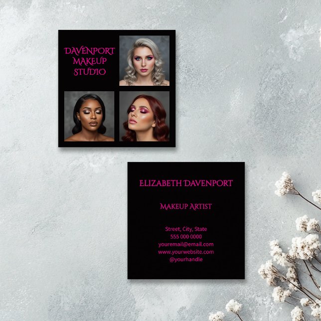 Bold Black and Hot Pink 3 Photo Quadratische Visitenkarte (Von Creator hochgeladen)