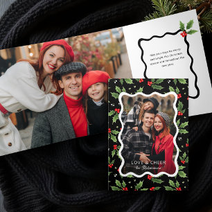 Bold Black Christmas Holly Wavy Frame Foto Dreifach Gefaltete Karte
