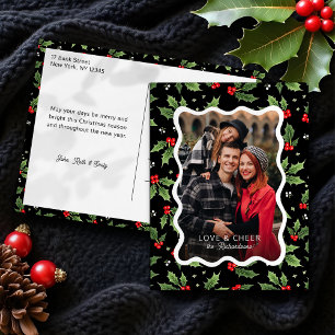 Bold Black Christmas Holly Wavy Frame Foto Feiertagspostkarte
