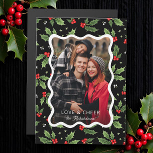 Bold Black Christmas Holly Wavy Frame Foto Magnetkarte