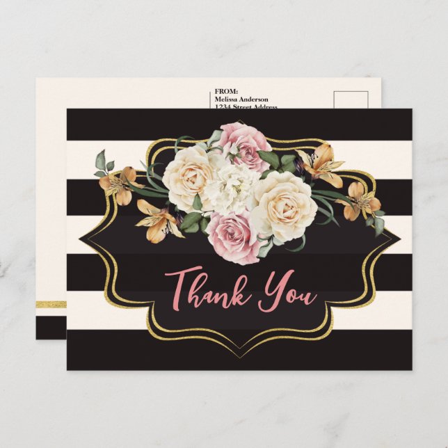 Bold Black, Elfenbeinstreifen, Florals Danke Postkarte (Vorne/Hinten)