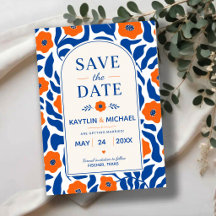 Bold Blue and Orange Floral Modern Botanical