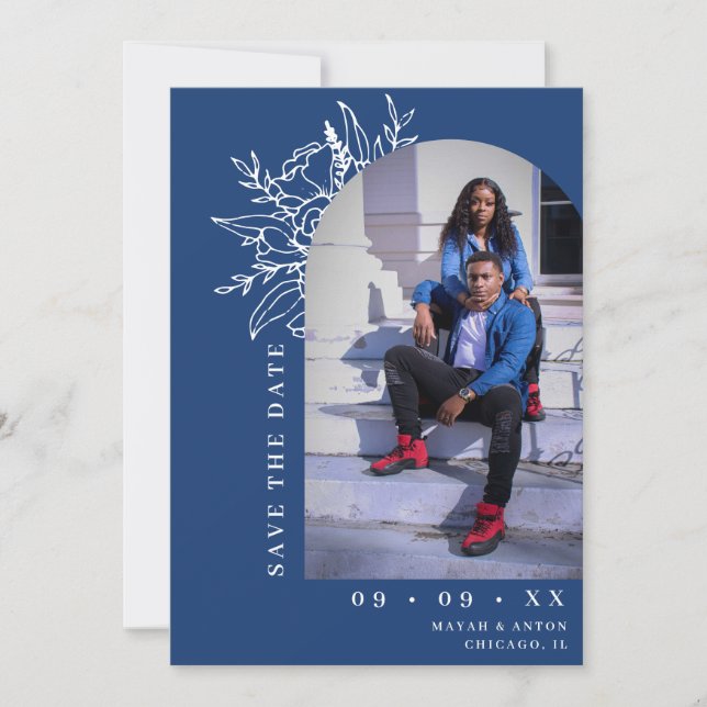 Bold Blue Botanical Floral Arch Foto Wedding Save The Date (Vorderseite)