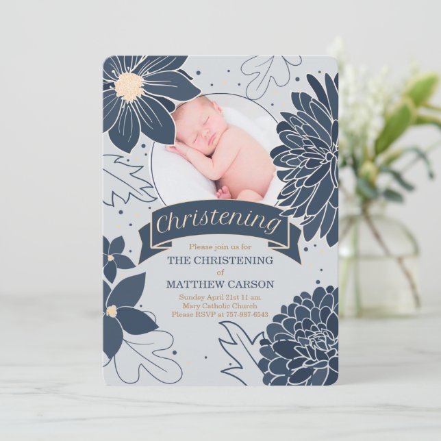 Bold Blue Botanicals mit Foto Christening Einladung (Stehend Vorderseite)