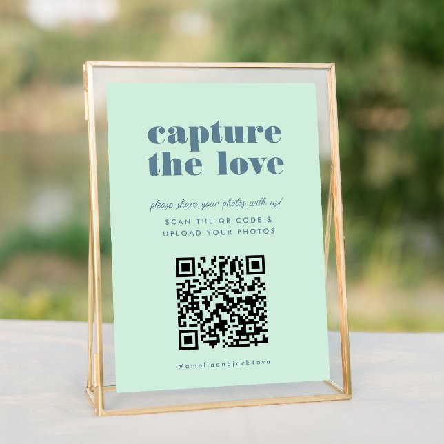 Bold Blue Capture the Liebe QR Code Wedding Sign (Bold Blue Capture the Love QR Code Wedding Share Your Photo Hashtag Sign)