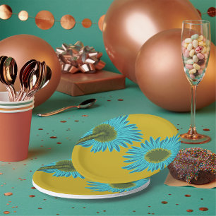 Bold Blue Daisy Art auf Mustard Yellow Background Pappteller