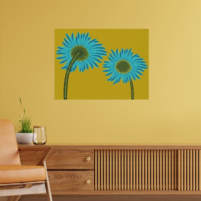 Bold Blue Daisy Art auf Mustard Yellow Background Poster (Von Creator hochgeladen)
