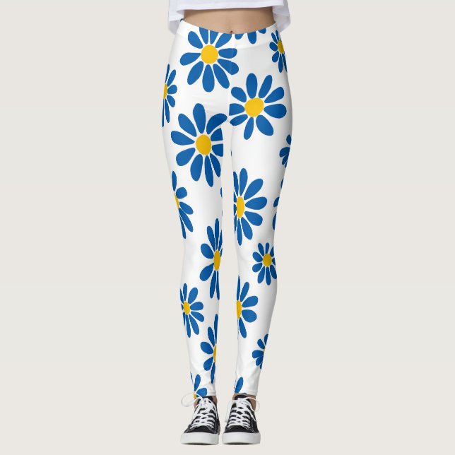 Bold Blue Daisy Floral Print Leggings (Vorderseite)