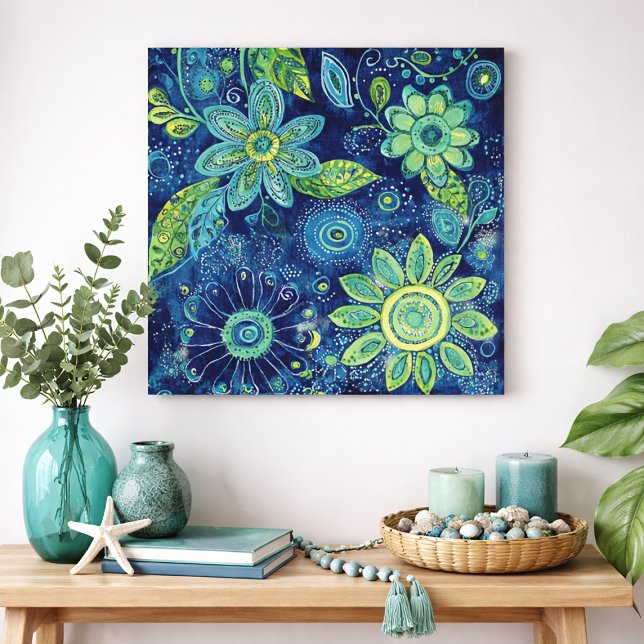 Bold Blue Green Floral Folk Art  Poster (Blue and green abstract floral wall art print)