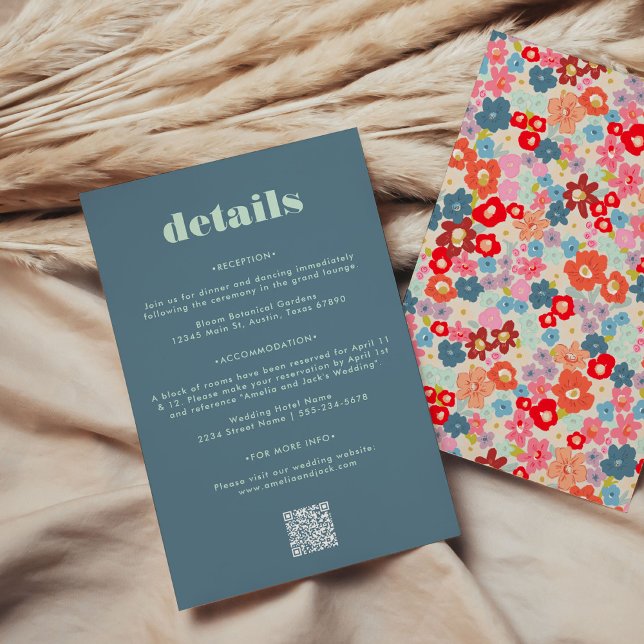 Bold Blue QR Code Wedding Guest Information Card RSVP Karte (Bold Blue QR Code Wedding Guest Information Card - hotel accommodations, reception details, travel.)