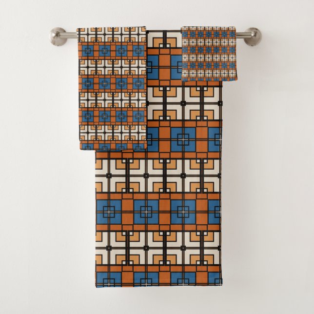 Bold Blue und Terracotta Geometric Badhandtuch Set (Insitu)
