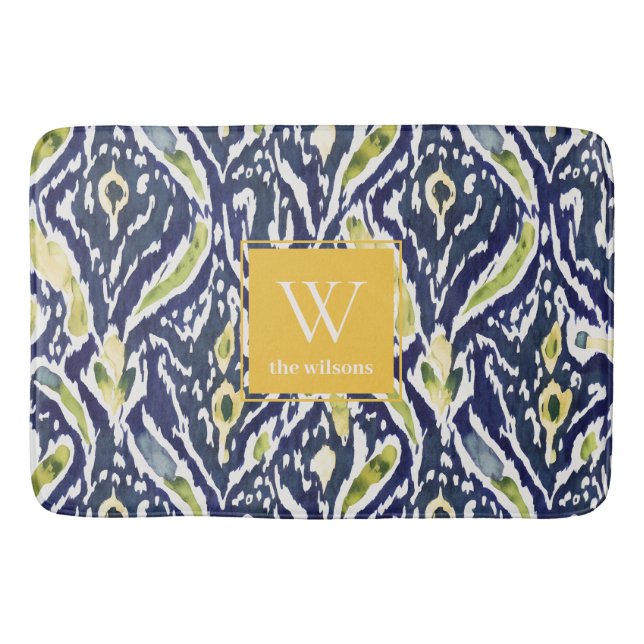 Bold Blue Yellow Abstrakt Classy Ikat Monogram Badematte (Vorderseite)