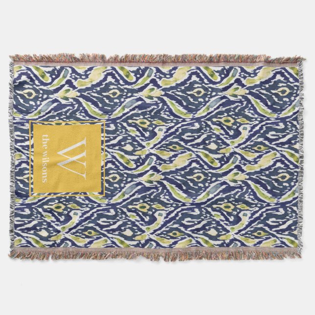 Bold Blue Yellow Abstrakt Classy Ikat Monogram Decke (Vorderseite)