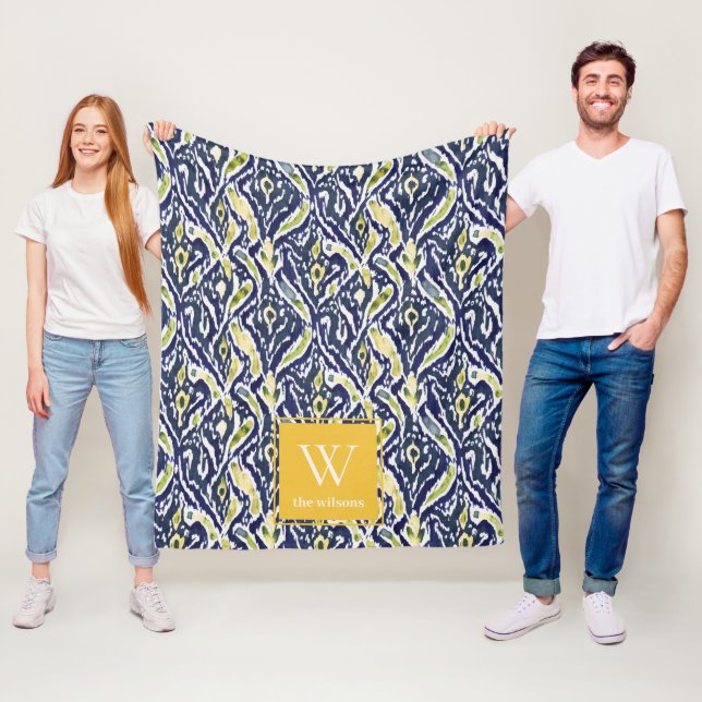 Bold Blue Yellow Abstrakt Classy Ikat Monogram Fleecedecke (Beispiel)