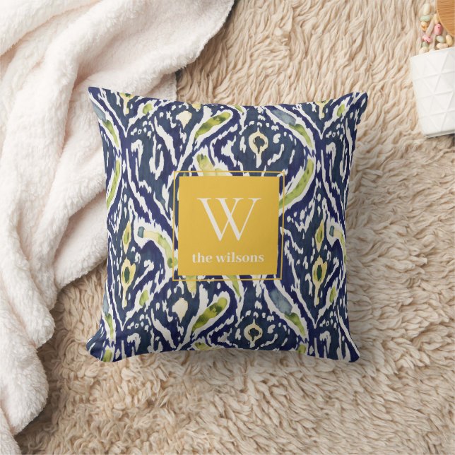 Bold Blue Yellow Abstrakt Classy Ikat Monogram Kissen (Decke)