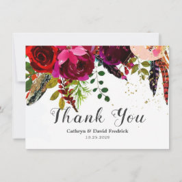 Bold Boho Burgundy Floral Wedding Flat Dankeskarte