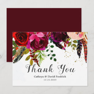 Bold Boho Burgundy Floral Wedding Flat Dankeskarte