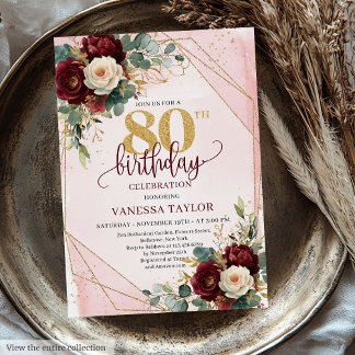 Bold Boho Deep Red Gold Blume 80. Geburtstag Einladung