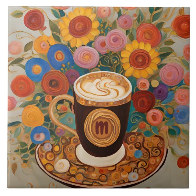 Bold Boho Floral Monogram Coffee Cup Fliese (Vorderseite)