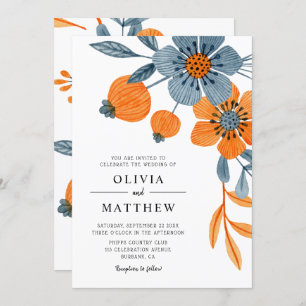 Bold Boho Floral Orange Blue Wedding Einladung