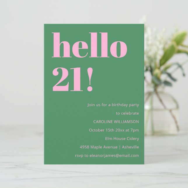 Bold Bright Modern Retro Pink Green 21st Birthday Einladung (Stehend Vorderseite)
