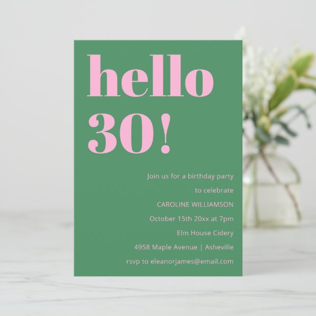 Bold Bright Modern Retro Pink Green 30th Birthday Einladung (Stehend Vorderseite)