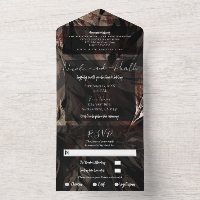 Bold Bronzy Floral Botanical Chic Wedding Foto All In One Einladung (Innen Boden)